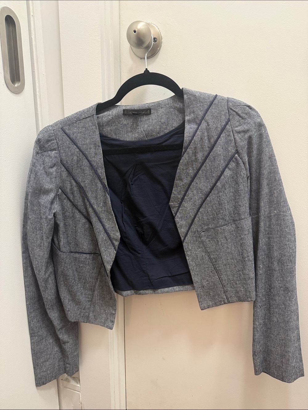 Lucca Couture Cropped Gray Blazer with Navy Lining